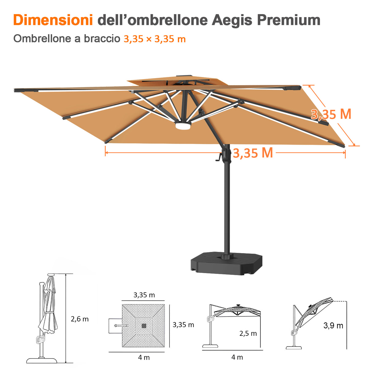 Patioslife Aegis Premium Ombrellone a Braccio con Luci LED a Striscia su Tutte le Stecche, Stecche in Fibra di Vetro, Palo in Alluminio Verniciato a Polvere e Copertura Protettiva – Ombrellone da Giardino e Patio di Lusso per Esterni