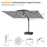 Patioslife Aegis premium – Ombrellone a braccio con luci LED su tutte le stecche, stecche in fibra di vetro e palo in alluminio verniciato
