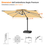 Patioslife Aegis Premium Ombrellone a Braccio con Luci LED a Striscia su Tutte le Stecche, Stecche in Fibra di Vetro, Palo in Alluminio Verniciato a Polvere e Copertura Protettiva – Ombrellone da Giardino e Patio di Lusso per Esterni