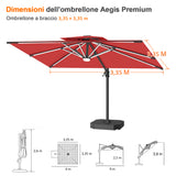 Patioslife Aegis Premium Ombrellone a Braccio con Luci LED a Striscia su Tutte le Stecche, Stecche in Fibra di Vetro, Palo in Alluminio Verniciato a Polvere e Copertura Protettiva – Ombrellone da Giardino e Patio di Lusso per Esterni