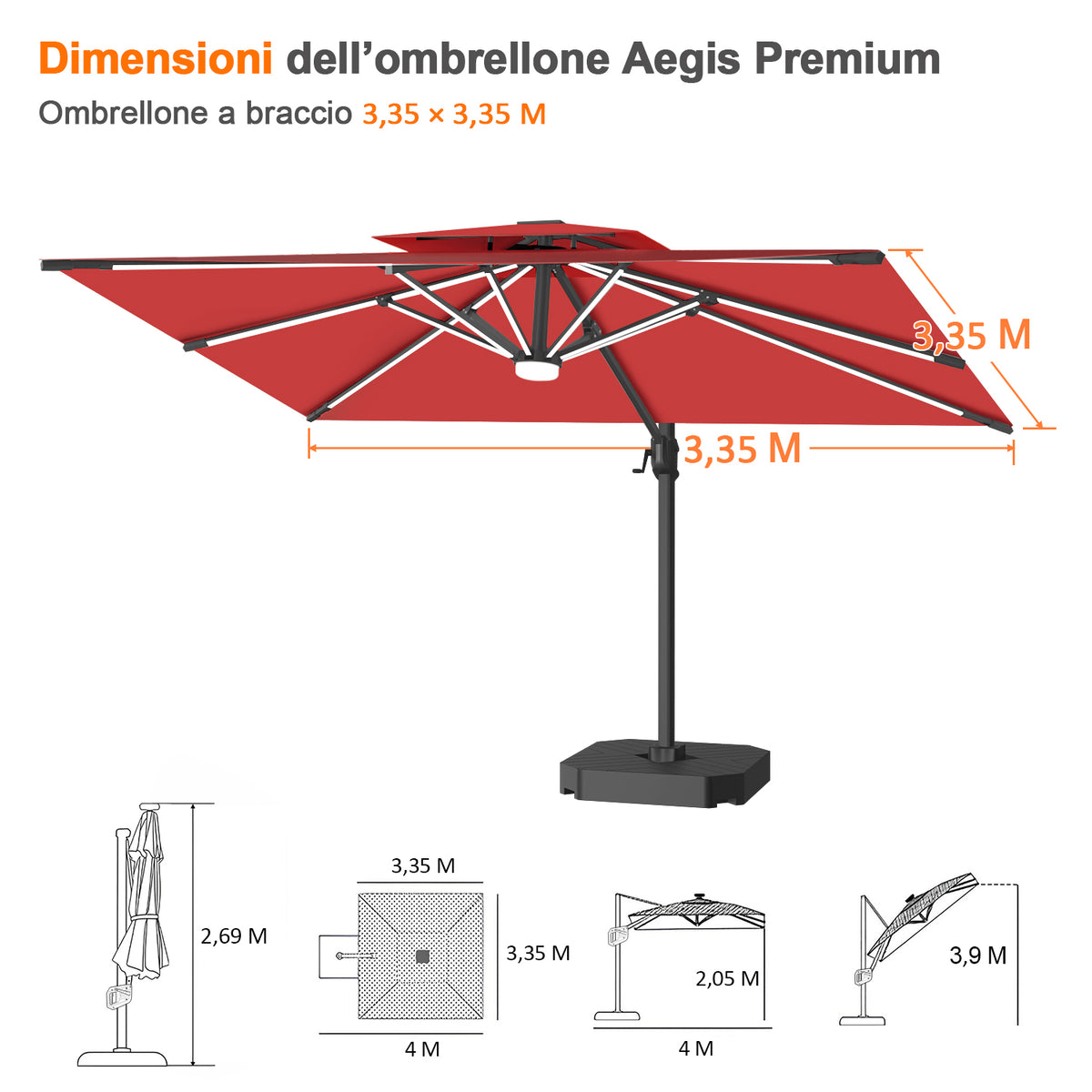 Patioslife Aegis premium – Ombrellone a braccio con luci LED su tutte le stecche, stecche in fibra di vetro e palo in alluminio verniciato
