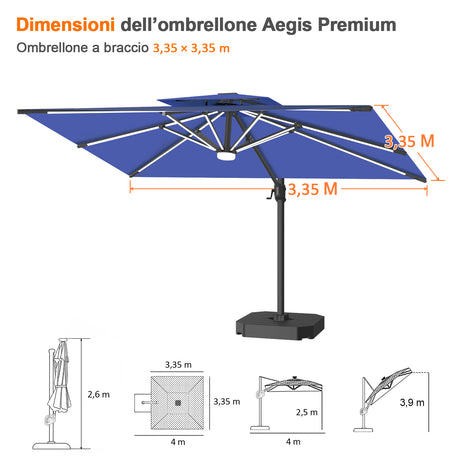 Patioslife Aegis Premium Ombrellone a Braccio con Luci LED a Striscia su Tutte le Stecche, Stecche in Fibra di Vetro, Palo in Alluminio Verniciato a Polvere e Copertura Protettiva – Ombrellone da Giardino e Patio di Lusso per Esterni