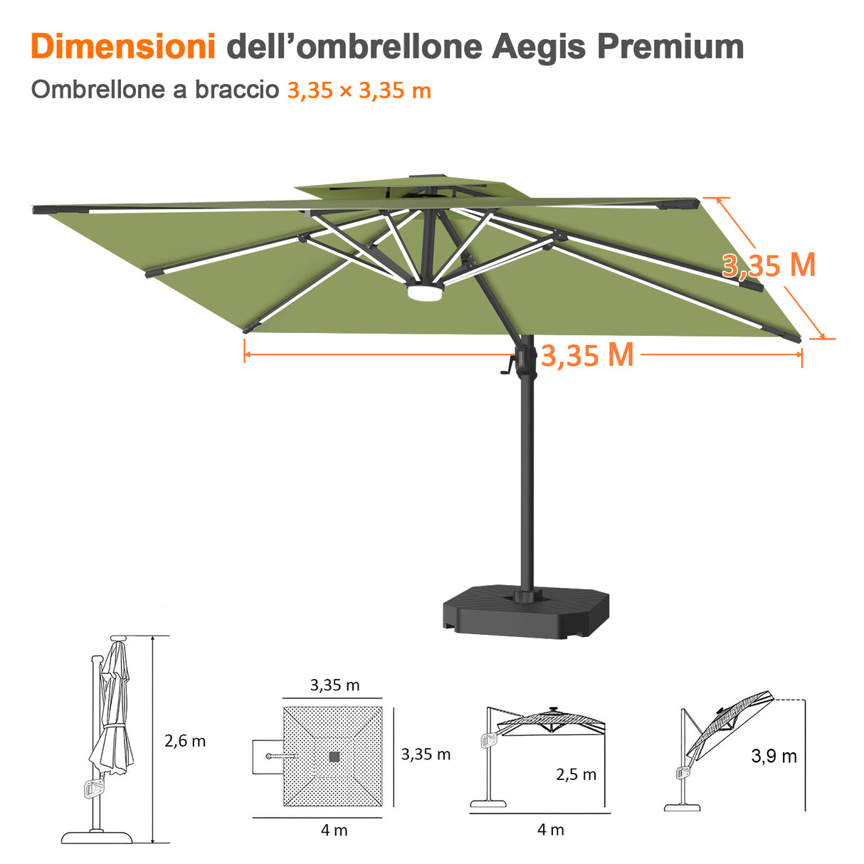 Patioslife Aegis Premium Ombrellone a Braccio con Luci LED a Striscia su Tutte le Stecche, Stecche in Fibra di Vetro, Palo in Alluminio Verniciato a Polvere e Copertura Protettiva – Ombrellone da Giardino e Patio di Lusso per Esterni