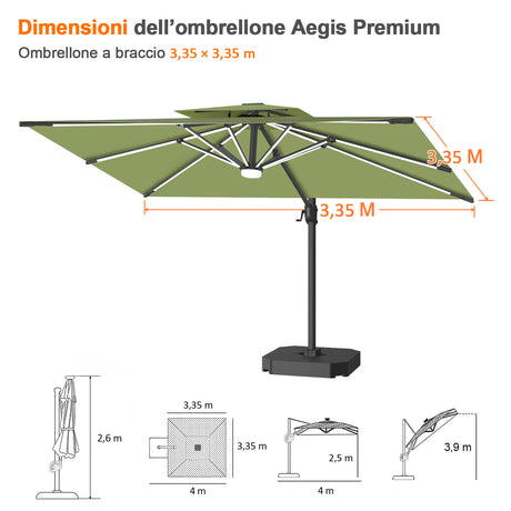 Patioslife Aegis Premium Ombrellone a Braccio con Luci LED a Striscia su Tutte le Stecche, Stecche in Fibra di Vetro, Palo in Alluminio Verniciato a Polvere e Copertura Protettiva – Ombrellone da Giardino e Patio di Lusso per Esterni