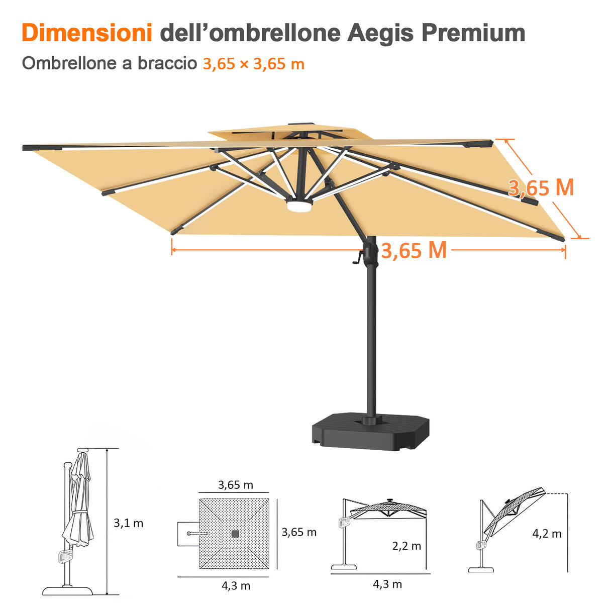 Patioslife Aegis Premium Ombrellone a Braccio con Luci LED a Striscia su Tutte le Stecche, Stecche in Fibra di Vetro, Palo in Alluminio Verniciato a Polvere e Copertura Protettiva – Ombrellone da Giardino e Patio di Lusso per Esterni