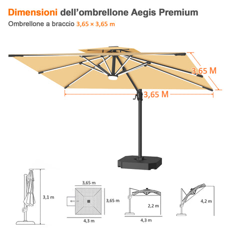 Patioslife Aegis Premium Ombrellone a Braccio con Luci LED a Striscia su Tutte le Stecche, Stecche in Fibra di Vetro, Palo in Alluminio Verniciato a Polvere e Copertura Protettiva – Ombrellone da Giardino e Patio di Lusso per Esterni