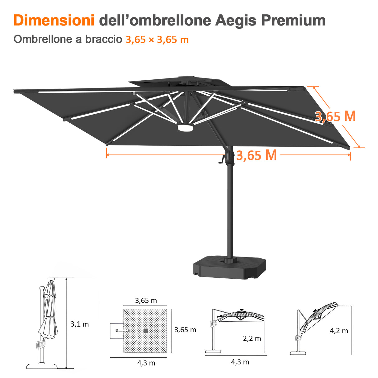 Patioslife Aegis Premium Ombrellone a Braccio con Luci LED a Striscia su Tutte le Stecche, Stecche in Fibra di Vetro, Palo in Alluminio Verniciato a Polvere e Copertura Protettiva – Ombrellone da Giardino e Patio di Lusso per Esterni