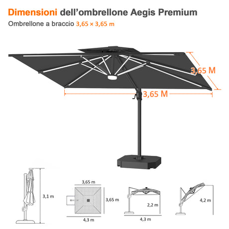 Patioslife Aegis Premium Ombrellone a Braccio con Luci LED a Striscia su Tutte le Stecche, Stecche in Fibra di Vetro, Palo in Alluminio Verniciato a Polvere e Copertura Protettiva – Ombrellone da Giardino e Patio di Lusso per Esterni