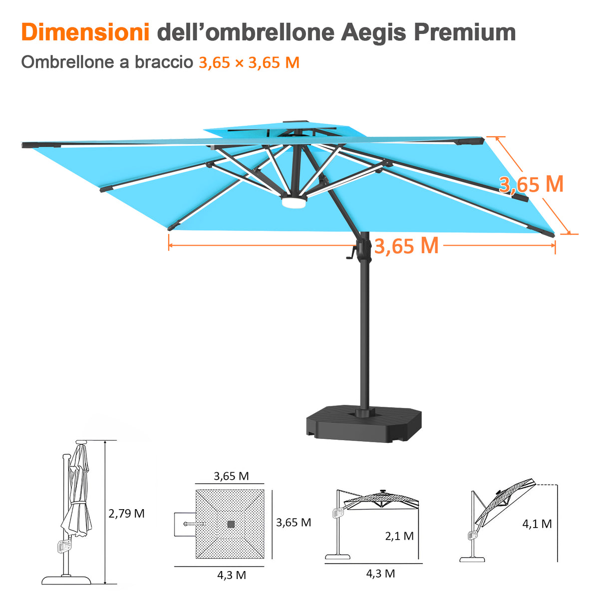 Patioslife Aegis premium – Ombrellone a braccio con luci LED su tutte le stecche, stecche in fibra di vetro e palo in alluminio verniciato