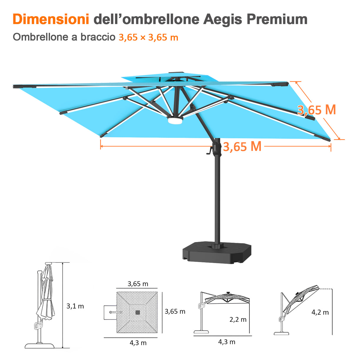 Patioslife Aegis Premium Ombrellone a Braccio con Luci LED a Striscia su Tutte le Stecche, Stecche in Fibra di Vetro, Palo in Alluminio Verniciato a Polvere e Copertura Protettiva – Ombrellone da Giardino e Patio di Lusso per Esterni