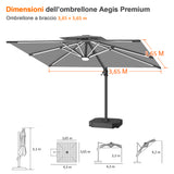 Patioslife Aegis Premium Ombrellone a Braccio con Luci LED a Striscia su Tutte le Stecche, Stecche in Fibra di Vetro, Palo in Alluminio Verniciato a Polvere e Copertura Protettiva – Ombrellone da Giardino e Patio di Lusso per Esterni