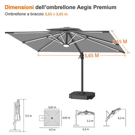 Patioslife Aegis Premium Ombrellone a Braccio con Luci LED a Striscia su Tutte le Stecche, Stecche in Fibra di Vetro, Palo in Alluminio Verniciato a Polvere e Copertura Protettiva – Ombrellone da Giardino e Patio di Lusso per Esterni