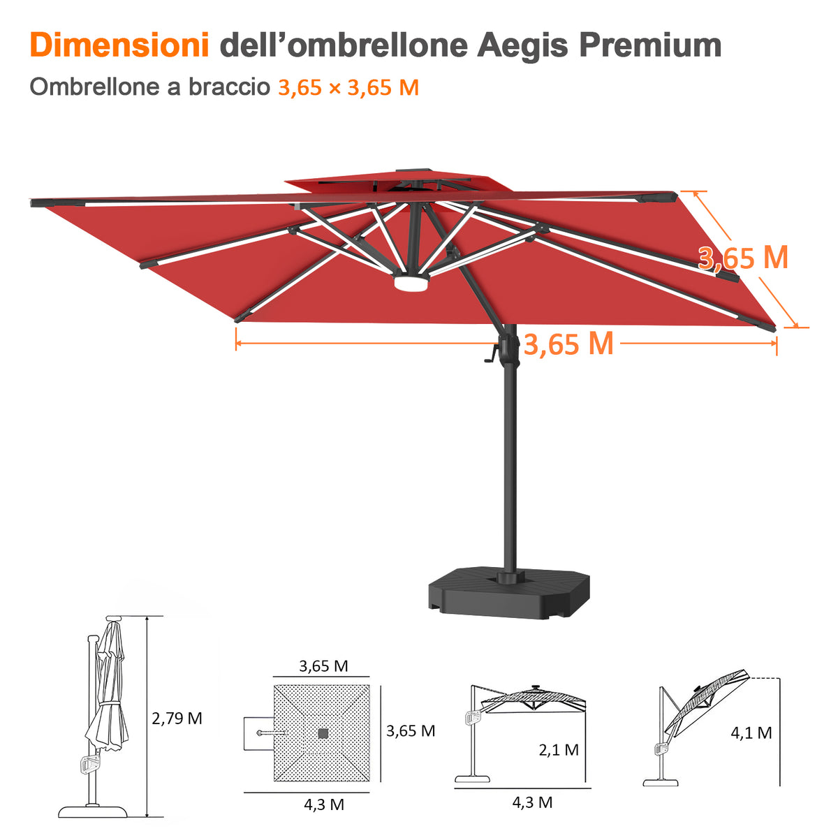 Patioslife Aegis premium – Ombrellone a braccio con luci LED su tutte le stecche, stecche in fibra di vetro e palo in alluminio verniciato