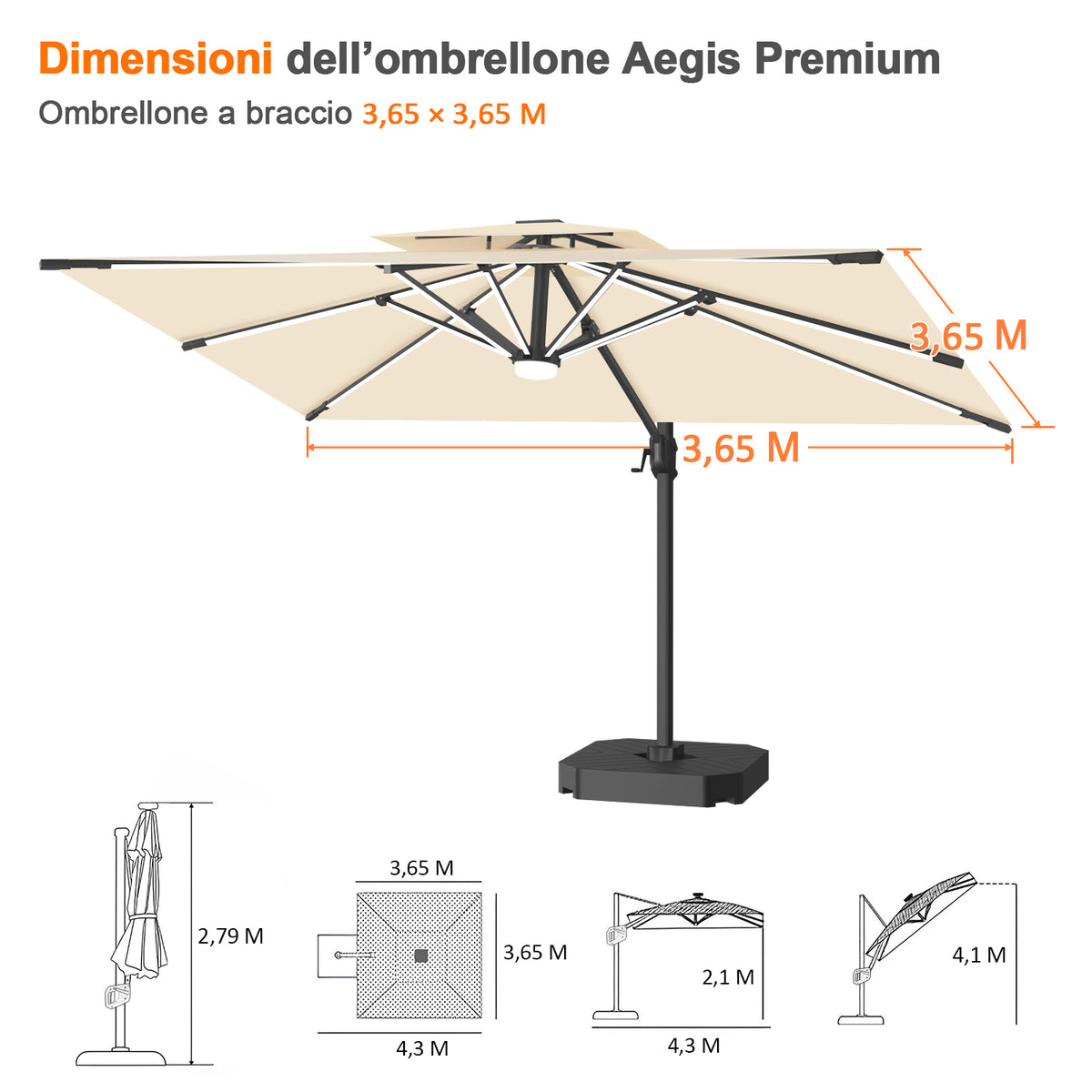 Patioslife Aegis premium – Ombrellone a braccio con luci LED su tutte le stecche, stecche in fibra di vetro e palo in alluminio verniciato
