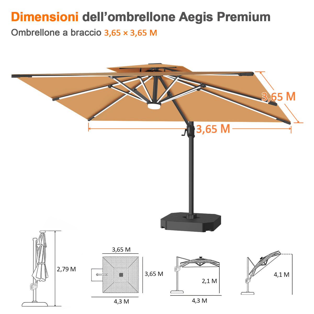 Patioslife Aegis premium – Ombrellone a braccio con luci LED su tutte le stecche, stecche in fibra di vetro e palo in alluminio verniciato