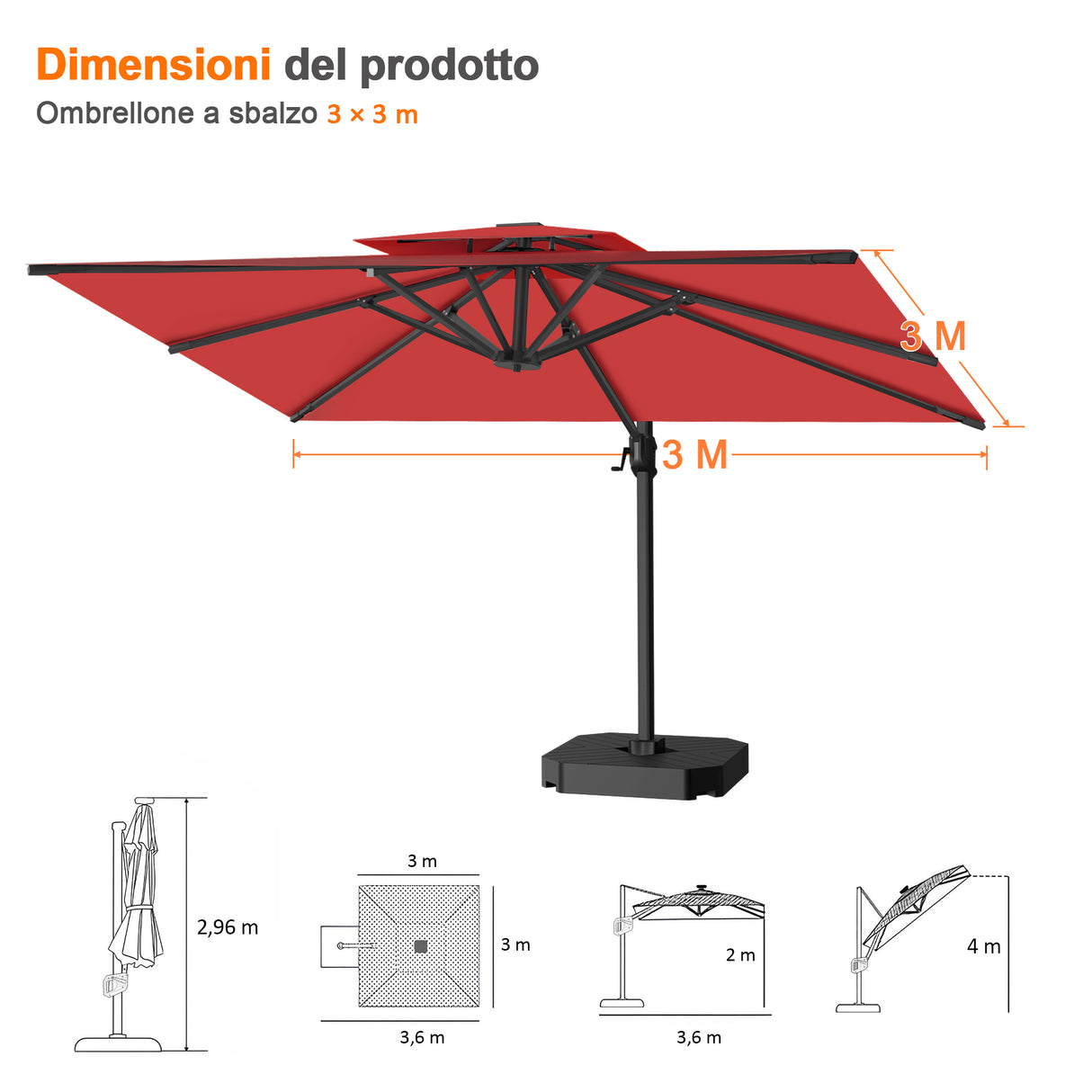 Patioslife Aegis Pro™ Ombrellone a Braccio con Base Incrociata, Struttura Robusta e Palo in Alluminio Verniciato a Polvere – Ombrellone da Giardino e Patio per Esterni