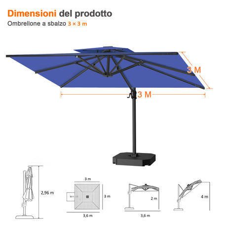 Patioslife Aegis Pro™ Ombrellone a Braccio con Base Incrociata, Struttura Robusta e Palo in Alluminio Verniciato a Polvere – Ombrellone da Giardino e Patio per Esterni