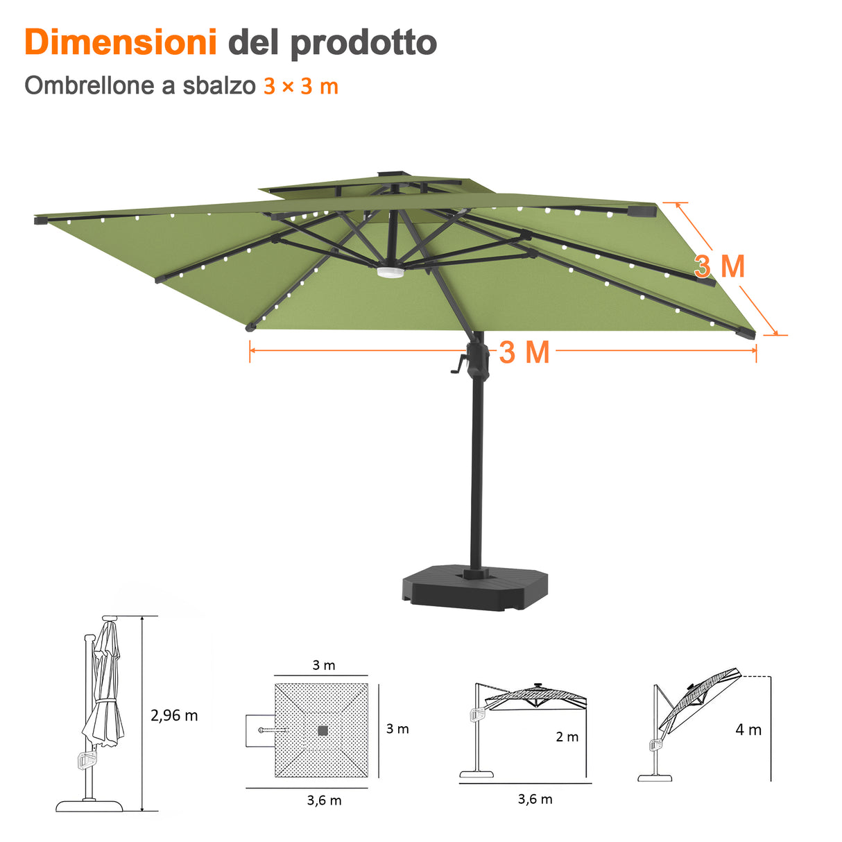 Patioslife Aegis Pro Ombrellone a Braccio con Luci LED, Struttura in Alluminio Rinforzato e Verniciato a Polvere — Ombrellone da Giardino e Patio per Esterni