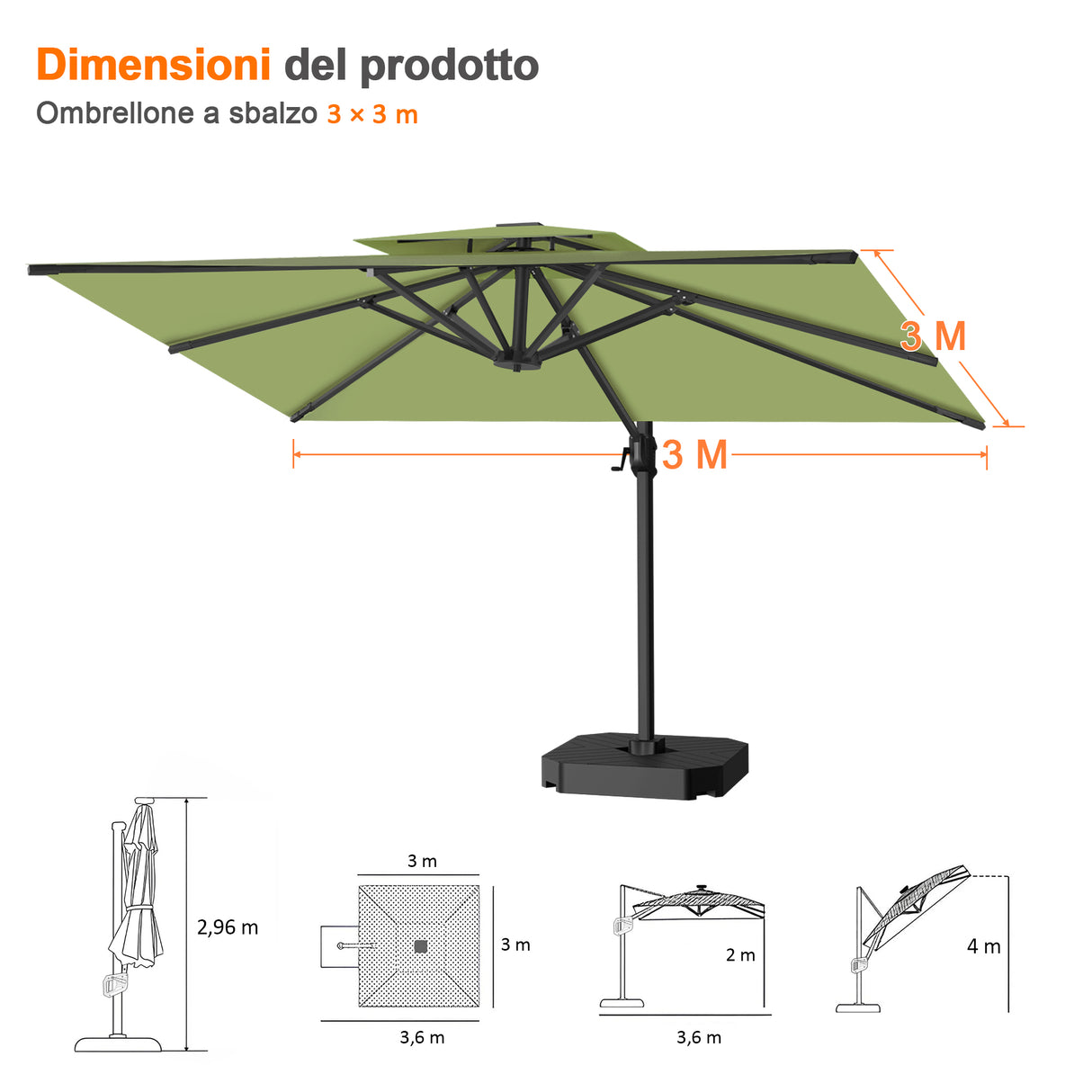 Patioslife Aegis Pro™ Ombrellone a Braccio con Base Incrociata, Struttura Robusta e Palo in Alluminio Verniciato a Polvere – Ombrellone da Giardino e Patio per Esterni