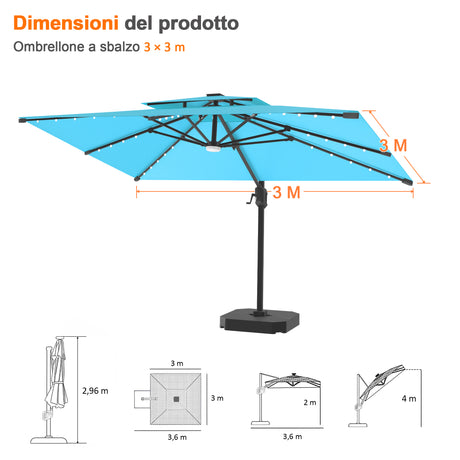 Patioslife Aegis Pro Ombrellone a Braccio con Luci LED, Struttura in Alluminio Rinforzato e Verniciato a Polvere — Ombrellone da Giardino e Patio per Esterni