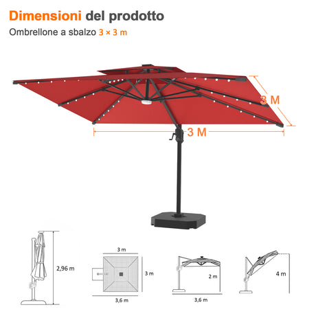 Patioslife Aegis Pro Ombrellone a Braccio con Luci LED, Struttura in Alluminio Rinforzato e Verniciato a Polvere — Ombrellone da Giardino e Patio per Esterni