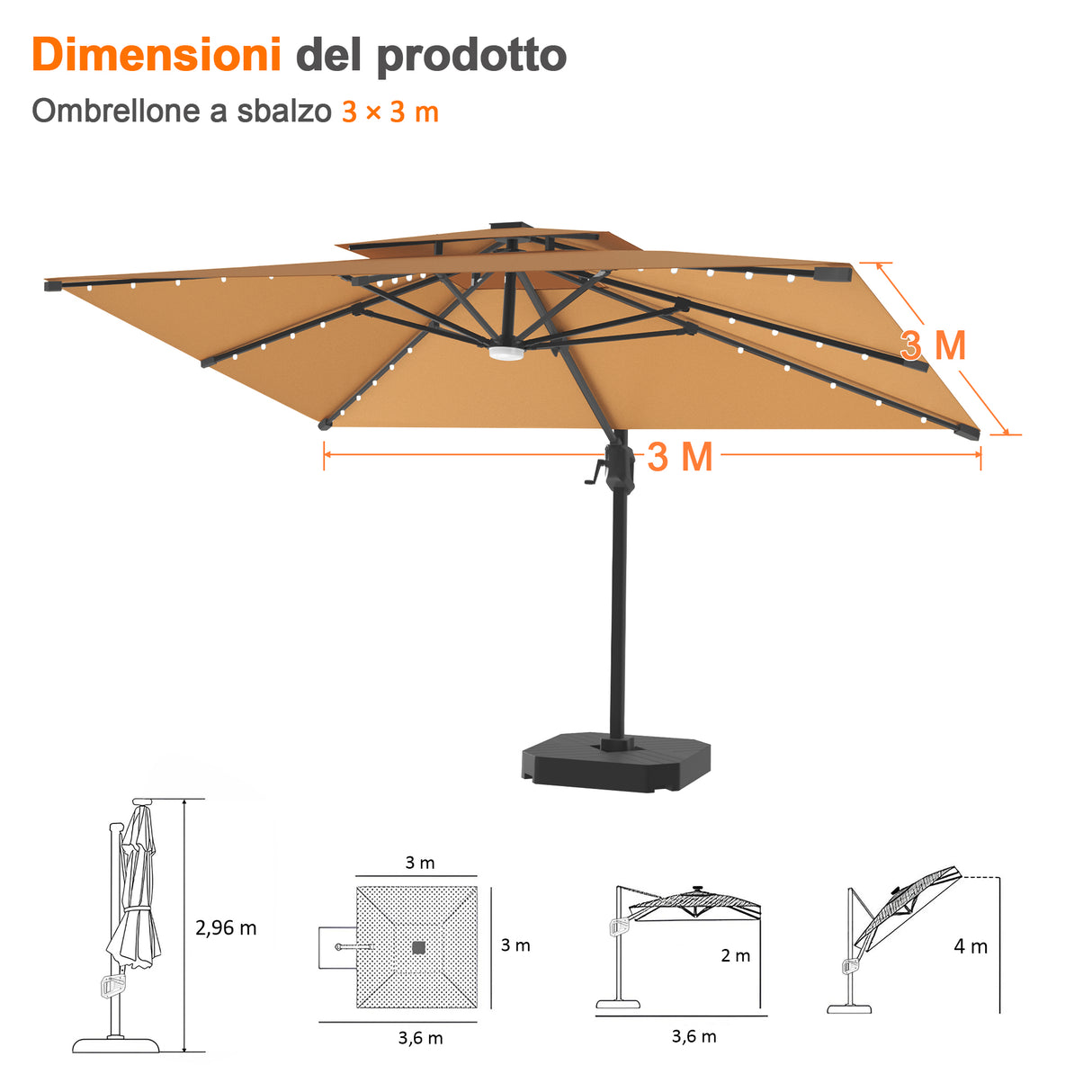 Patioslife Aegis Pro Ombrellone a Braccio con Luci LED, Struttura in Alluminio Rinforzato e Verniciato a Polvere — Ombrellone da Giardino e Patio per Esterni