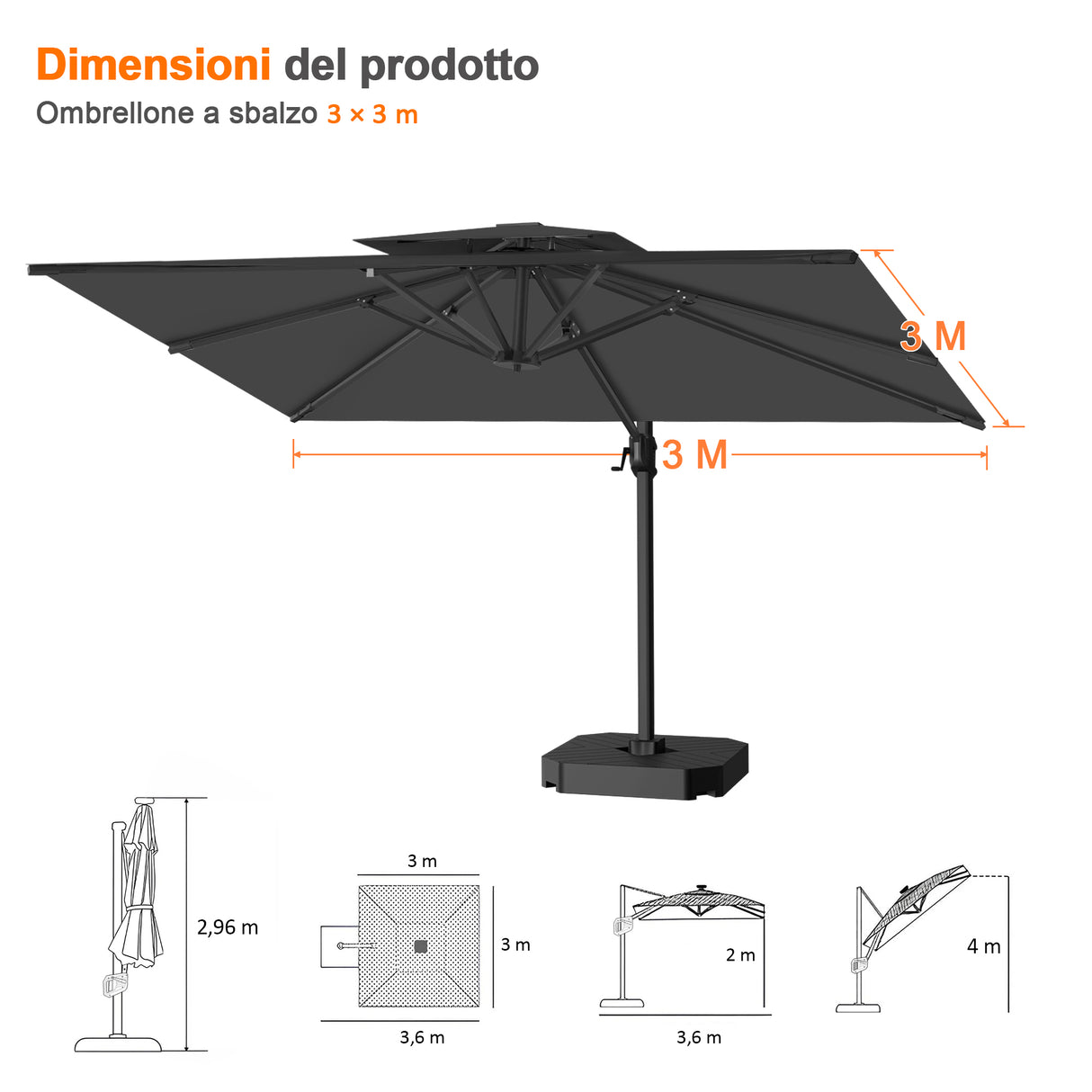 Patioslife Aegis Pro™ Ombrellone a Braccio con Base Incrociata, Struttura Robusta e Palo in Alluminio Verniciato a Polvere – Ombrellone da Giardino e Patio per Esterni