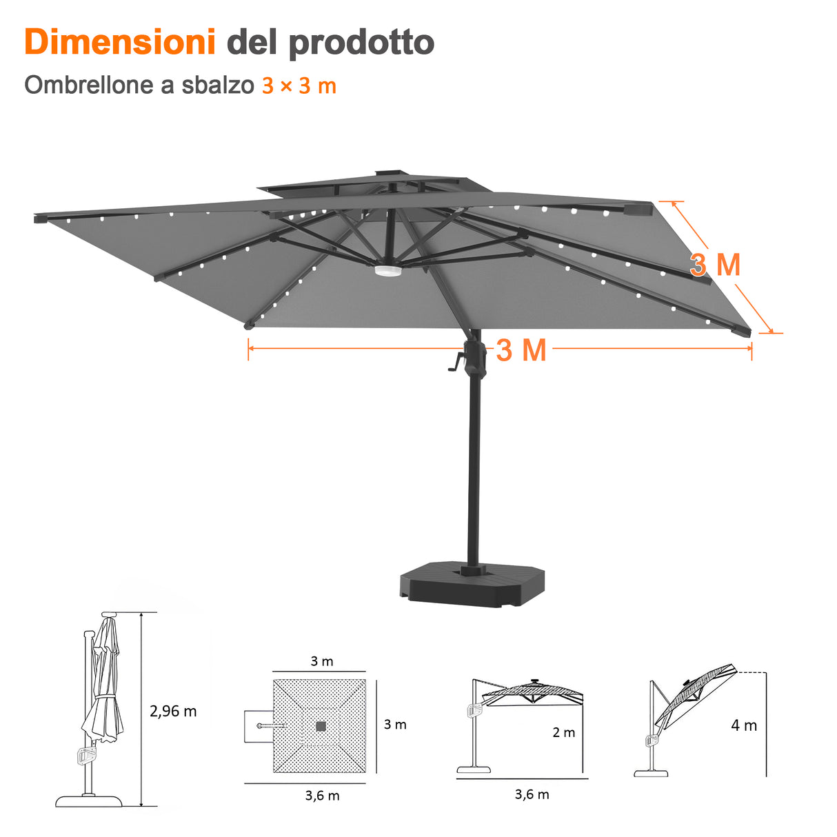 Patioslife Aegis Pro Ombrellone a Braccio con Luci LED, Struttura in Alluminio Rinforzato e Verniciato a Polvere — Ombrellone da Giardino e Patio per Esterni