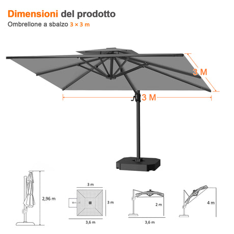 Patioslife Aegis Pro™ Ombrellone a Braccio con Base Incrociata, Struttura Robusta e Palo in Alluminio Verniciato a Polvere – Ombrellone da Giardino e Patio per Esterni