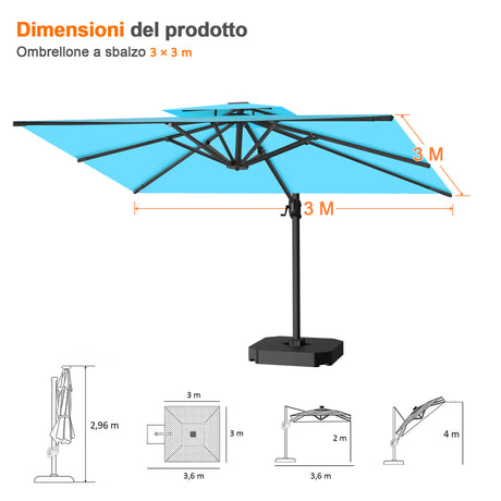 Patioslife Aegis Pro™ Ombrellone a Braccio con Base Incrociata, Struttura Robusta e Palo in Alluminio Verniciato a Polvere – Ombrellone da Giardino e Patio per Esterni