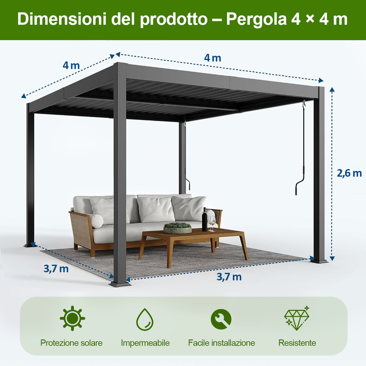 Patioslife Atlantic™ Pergola in Alluminio con Tetto Regolabile e Luci LED Ambientali, Pergola Autoportante per Giardino, Patio, Terrazza e Piscina – Soluzione Esterno per Relax e Comfort