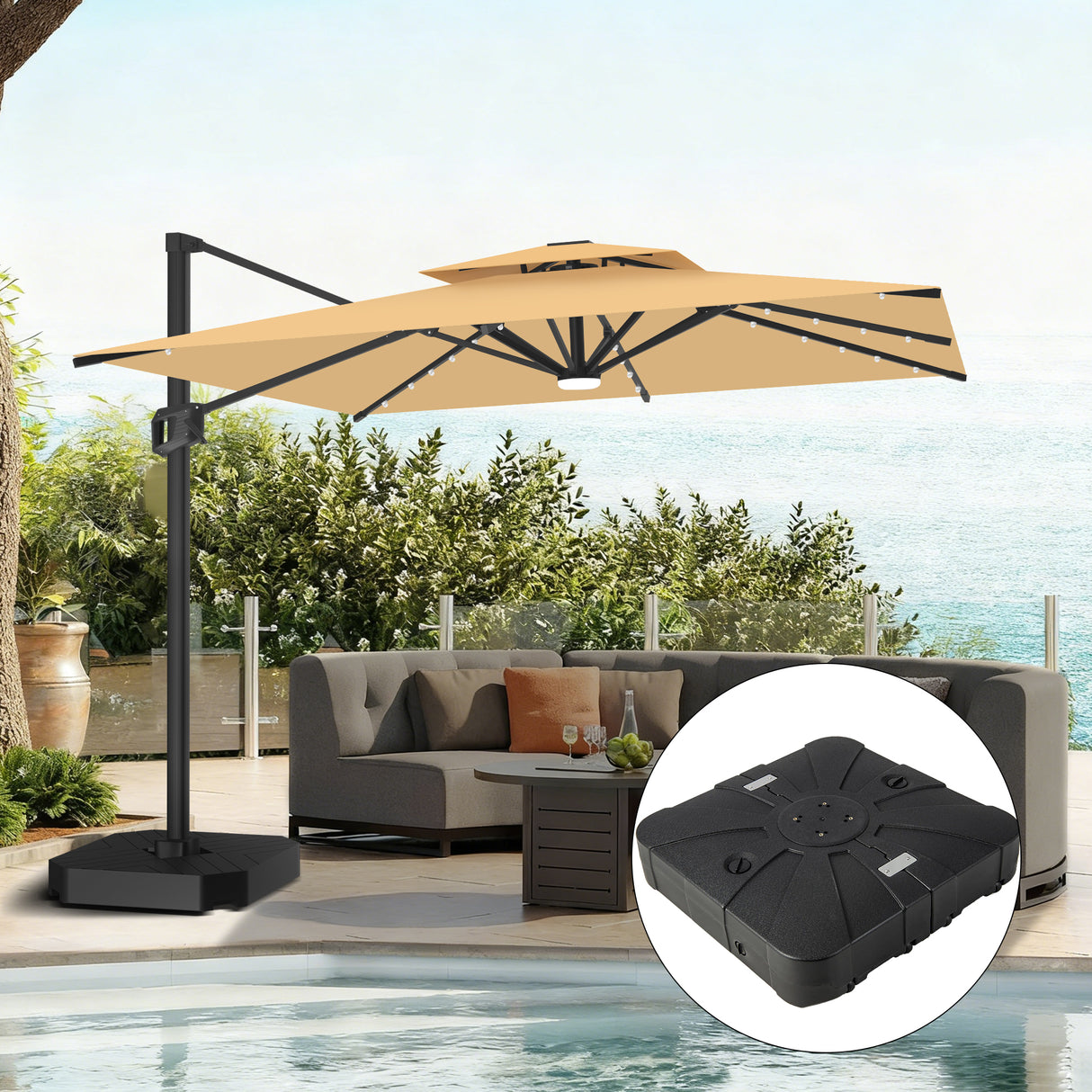 Patioslife Aegis Pro Ombrellone a Braccio con Luci LED, Struttura in Alluminio Rinforzato e Verniciato a Polvere — Ombrellone da Giardino e Patio per Esterni