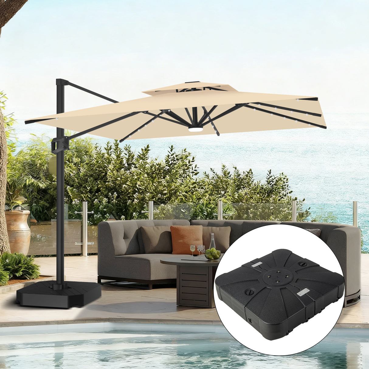 Patioslife Aegis Pro Ombrellone a Braccio con Luci LED, Struttura in Alluminio Rinforzato e Verniciato a Polvere — Ombrellone da Giardino e Patio per Esterni