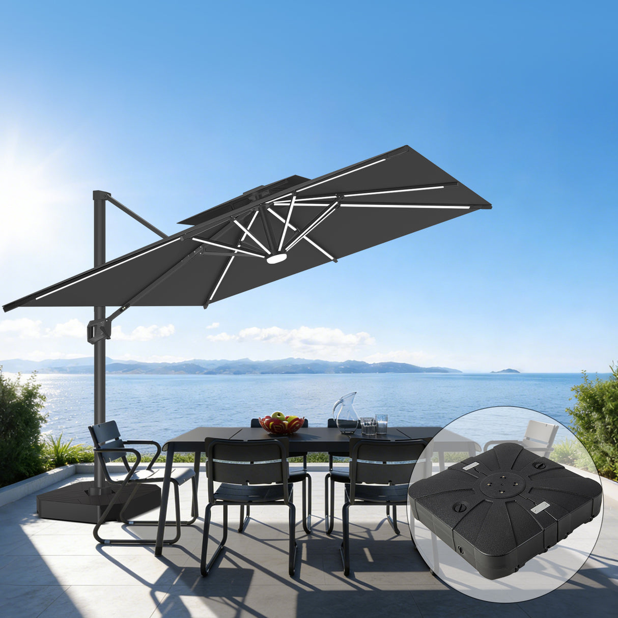 Patioslife Aegis Premium Ombrellone a Braccio con Luci LED a Striscia su Tutte le Stecche, Stecche in Fibra di Vetro, Palo in Alluminio Verniciato a Polvere e Copertura Protettiva – Ombrellone da Giardino e Patio di Lusso per Esterni