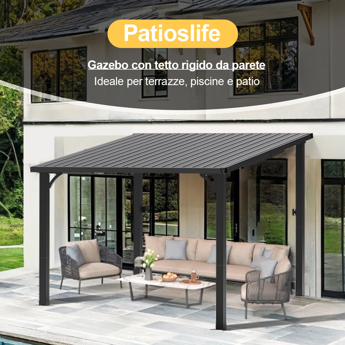 Patioslife Haven Gazebo da Giardino a Tetto Rigido Montato a Parete in Alluminio, Pergola Resistente per Giardino, Cortile o Terrazza, Tetto per Esterni