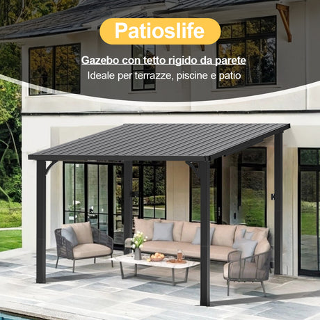 Patioslife Haven Gazebo da Giardino a Tetto Rigido Montato a Parete in Alluminio, Pergola Resistente per Giardino, Cortile o Terrazza, Tetto per Esterni