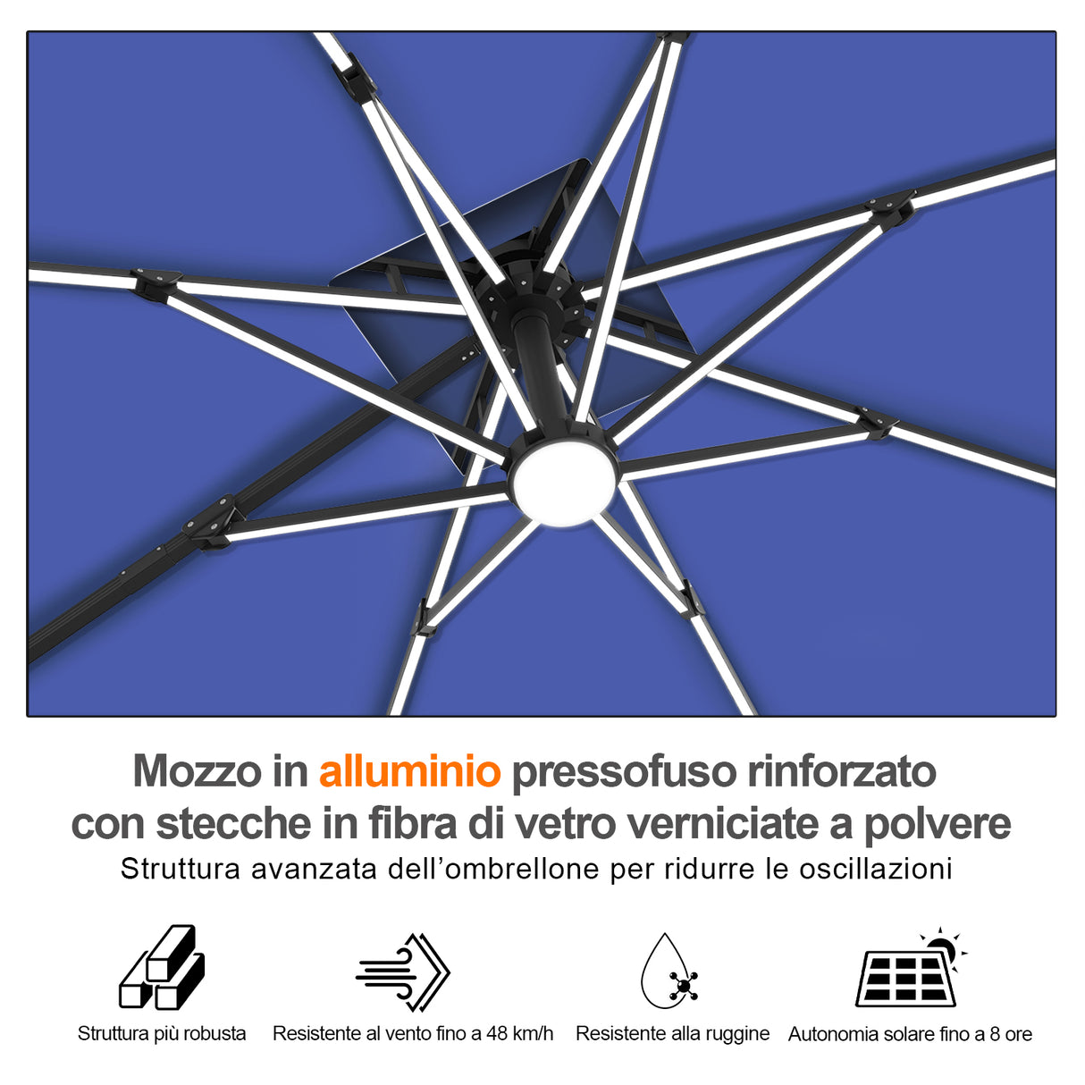 Patioslife Aegis Premium Ombrellone a Braccio con Luci LED a Striscia su Tutte le Stecche, Stecche in Fibra di Vetro, Palo in Alluminio Verniciato a Polvere e Copertura Protettiva – Ombrellone da Giardino e Patio di Lusso per Esterni