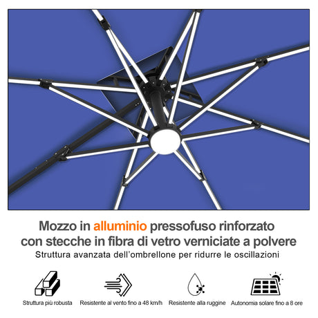 Patioslife Aegis Premium Ombrellone a Braccio con Luci LED a Striscia su Tutte le Stecche, Stecche in Fibra di Vetro, Palo in Alluminio Verniciato a Polvere e Copertura Protettiva – Ombrellone da Giardino e Patio di Lusso per Esterni
