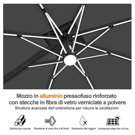 Patioslife Aegis Premium Ombrellone a Braccio con Luci LED a Striscia su Tutte le Stecche, Stecche in Fibra di Vetro, Palo in Alluminio Verniciato a Polvere e Copertura Protettiva – Ombrellone da Giardino e Patio di Lusso per Esterni