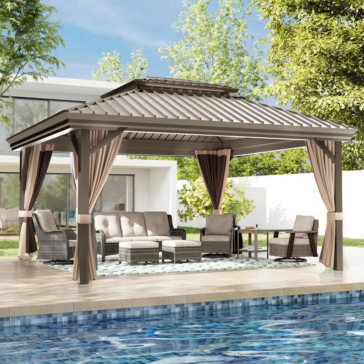 Patioslife Luxury Haven Gazebo da Giardino in Alluminio con Tetto Doppio Ventilato, Grondaie per il Draining, Colonne da 120×120 mm e Tende – Gazebo da Esterno Popolare per Cortile e Giardino