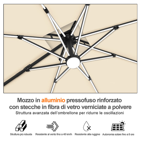 Patioslife Aegis Premium Ombrellone a Braccio con Luci LED a Striscia su Tutte le Stecche, Stecche in Fibra di Vetro, Palo in Alluminio Verniciato a Polvere e Copertura Protettiva – Ombrellone da Giardino e Patio di Lusso per Esterni