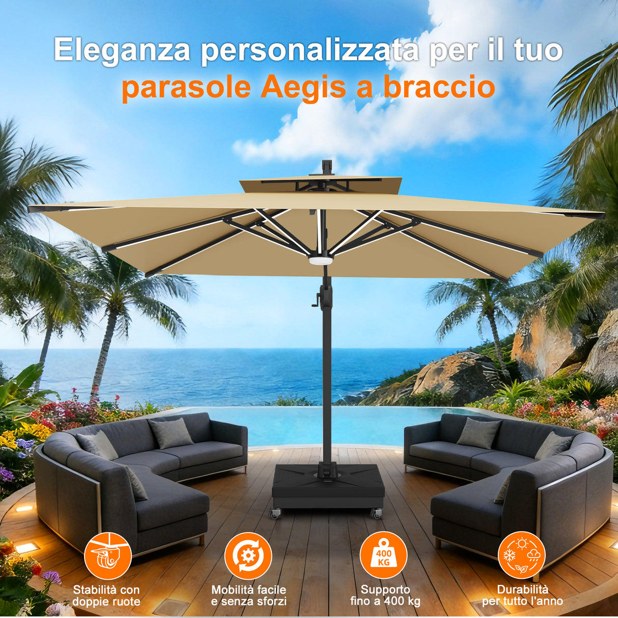 Patioslife - Base per Ombrellone a Braccio fino a 400kg | Supporto Carrellato Modulare con Ruote e Freno, Compatibile serie Aegis e Ombrelloni a Sbalzo