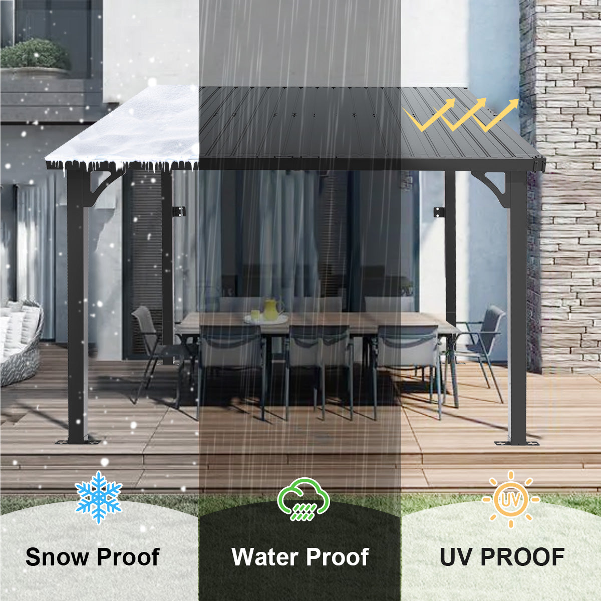 Patioslife Haven Gazebo da Giardino a Tetto Rigido Montato a Parete in Alluminio, Pergola Resistente per Giardino, Cortile o Terrazza, Tetto per Esterni