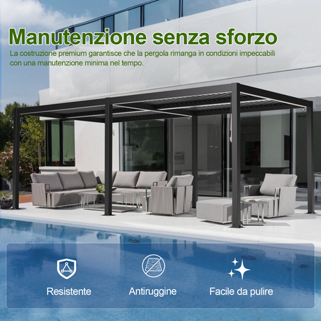 Patioslife Atlantic™ Pergola in Alluminio con Tetto Regolabile e Luci LED Ambientali, Pergola Autoportante per Giardino, Patio, Terrazza e Piscina – Soluzione Esterno per Relax e Comfort