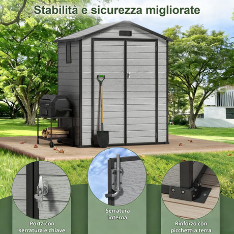 Patioslife YardVault Casetta da Giardino in Resina con Pavimento Impermeabile, Finestra e Porta con Serratura – Shed da Giardino Esterno, Protezione per Attrezzi e Giardino