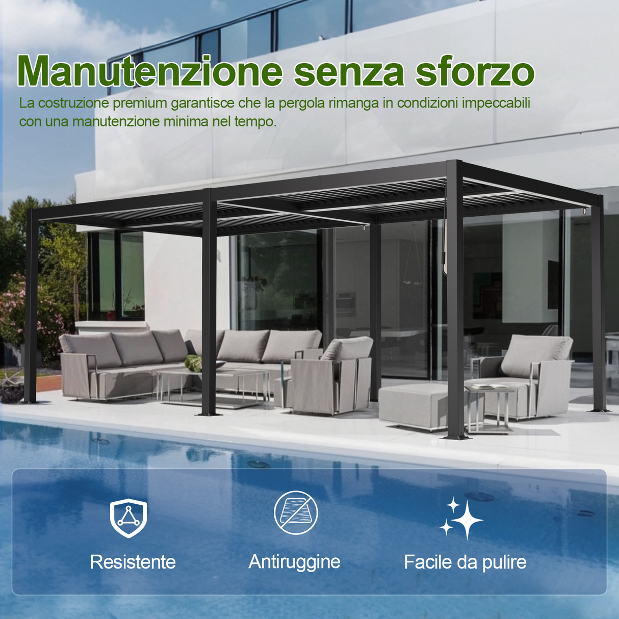Patioslife Atlantic™ Pergola in Alluminio con Tetto Regolabile e Luci LED Ambientali, Pergola Autoportante per Giardino, Patio, Terrazza e Piscina – Soluzione Esterno per Relax e Comfort