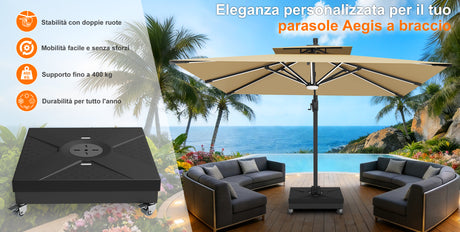Base robusta per ombrello a braccio Patioslife con ruote bloccabili fino a 400 kg, supporto modulare decorativo, compatibile con la serie Aegis e la maggior parte degli ombrelli a sbalzo, ideale per terrazzi, giardini, prati e bordi piscina