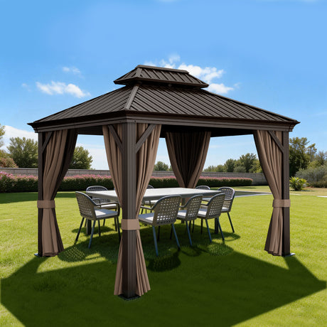 Patioslife Luxury Haven Pergola da Giardino in Alluminio con Tetto Doppio Ventilato, Colonne 120×120 mm, Grondaie e Tende – Ideale per Cortile e Giardino