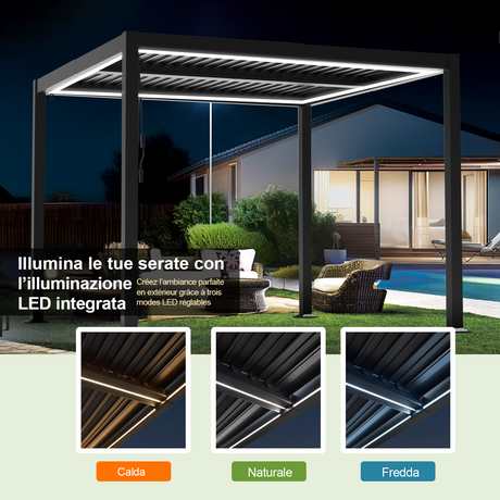 Patioslife Atlantic™ Pergola in Alluminio con Tetto Regolabile e Luci LED Ambientali, Pergola Autoportante per Giardino, Patio, Terrazza e Piscina – Soluzione Esterno per Relax e Comfort
