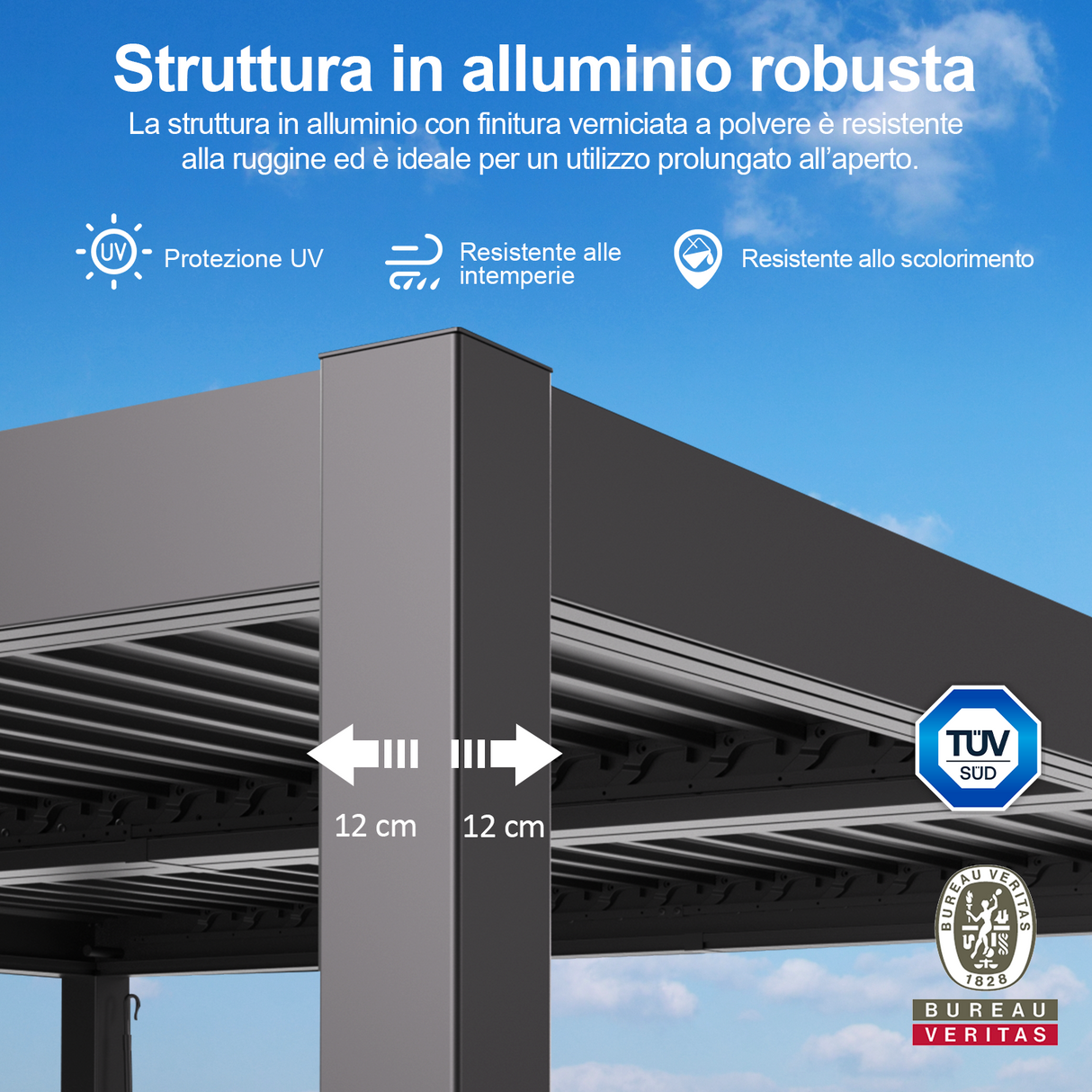 Patioslife Atlantic™ Pergola in Alluminio con Tetto Regolabile e Luci LED Ambientali, Pergola Autoportante per Giardino, Patio, Terrazza e Piscina – Soluzione Esterno per Relax e Comfort